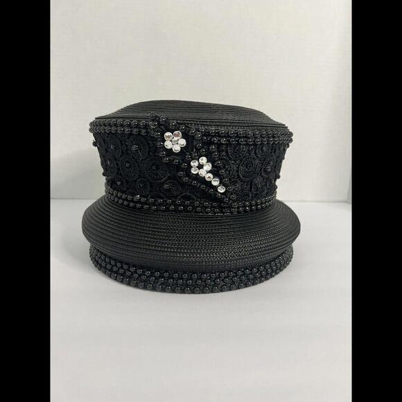 Vintage J.F.Y Collection NY USA Black Hat Derby Church Sequin Faux Rhinestones main image 5